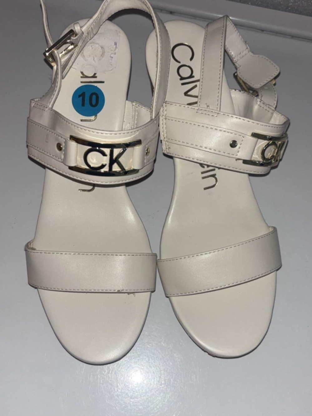 Calvin Klein Cream Ankle-Strap wedges with Gold CK Accent
